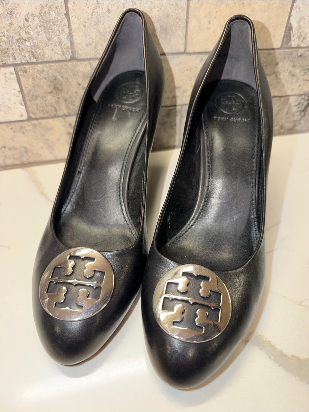Tory Burch Black Leather Heels with Silver Logo Medallions
